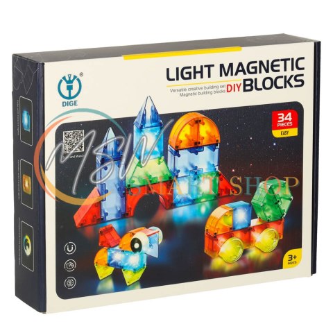 Klocki magnetyczne konstrukcyjne świecące elementy figury 3D 32el.