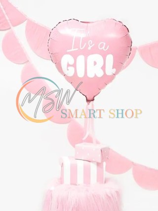 Balon foliowy "It's a girl" na baby shower serce różowe 48cm