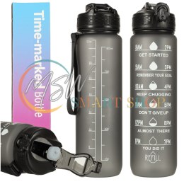 Butelka na wodę bidon ze słomką uchwytem miarką motywacyjną na siłownię BPA free Tritan 1l czarna