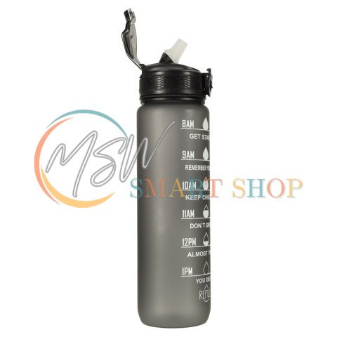 Butelka na wodę bidon ze słomką uchwytem miarką motywacyjną na siłownię BPA free Tritan 1l czarna