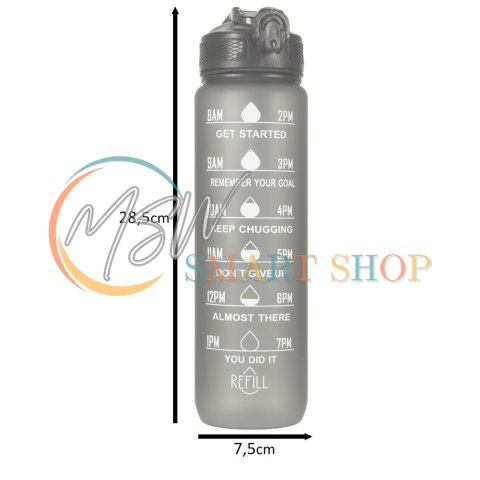 Butelka na wodę bidon ze słomką uchwytem miarką motywacyjną na siłownię BPA free Tritan 1l czarna