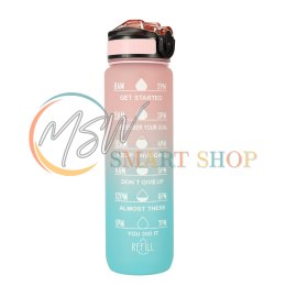 Butelka na wodę bidon ze słomką uchwytem miarką motywacyjną na siłownię BPA free Tritan 1l róż błękit