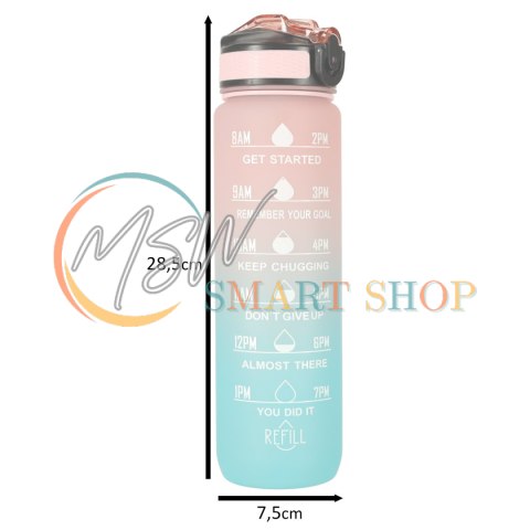 Butelka na wodę bidon ze słomką uchwytem miarką motywacyjną na siłownię BPA free Tritan 1l róż błękit