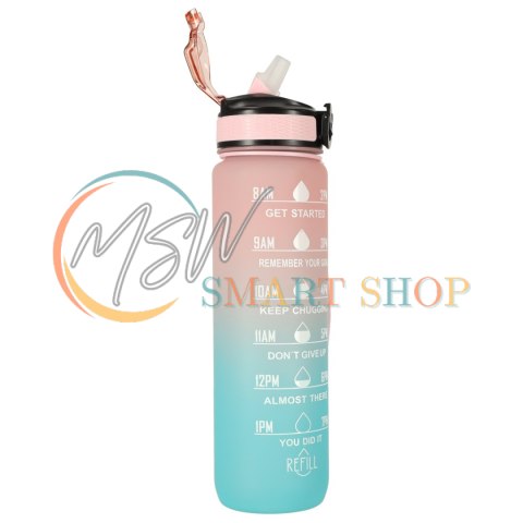 Butelka na wodę bidon ze słomką uchwytem miarką motywacyjną na siłownię BPA free Tritan 1l róż błękit