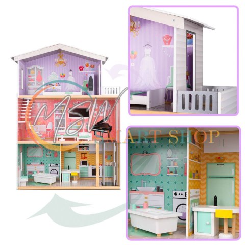 Domek dla lalek drewniany mebelki pastelowy 117cm