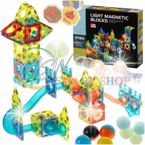 Klocki magnetyczne marble tor kulkowy świecący 75 elementów