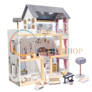 Domek dla lalek drewniany MDF mebelki 78cm czarny LED