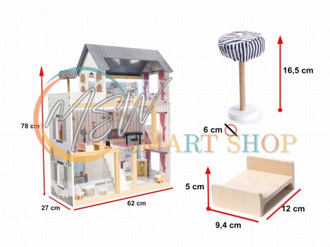 Domek dla lalek drewniany MDF mebelki 78cm czarny LED