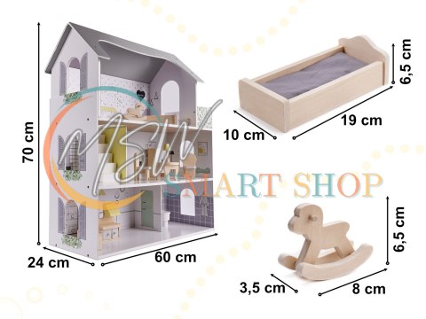Domek dla lalek drewniany mebelki 70cm szary