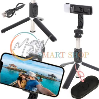Kijek do selfie z pilotem Bluetooth statyw tripod lampka LED czarny