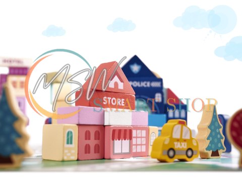 Klocki drewniane edukacyjne miasto puzzle 100el.