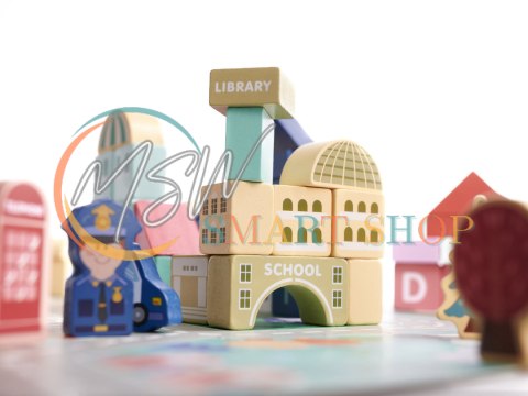 Klocki drewniane edukacyjne miasto puzzle 100el.