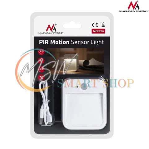 Lampa schodowa LED Maclean, z czujnikiem ruchu, temp. 4000K, 3.7V/500mAh, 4 LED, Zasięg 3-4m, MCE236 Lampa schodowa LED Maclean, z czujnikiem ruchu, temp. 4000K, 3.7V/500mAh, 4 LED, Zasięg 3-4m, MCE236