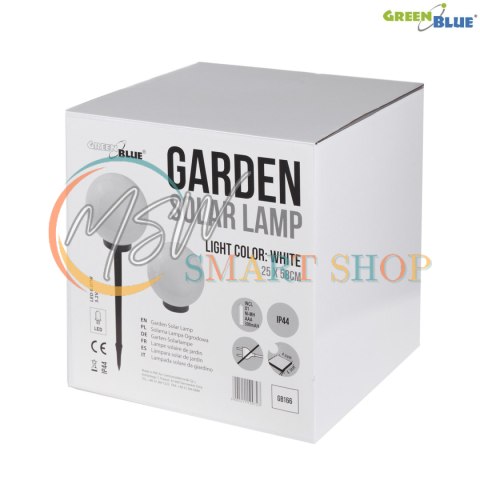 Solarna lampa GreenBlue, wolnostojąca, ogrodowa, kula 25x25x58cm, bialy LED, GB166