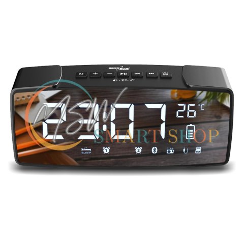 Radiobudzik bluetooth GreenBlue, FM, aux-in, 6W, temperatura, alarm, zegar, akumulator 2200mAh, GB200 Radiobudzik bluetooth GreenBlue, FM, aux-in, 6W, temperatura, alarm, zegar, akumulator 2200mAh, GB200