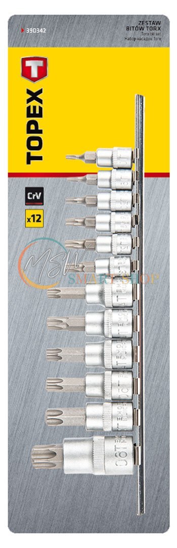 Bity Torx na nasadce 1/4, 3/8, 1/2", zestaw 12 szt. Bity Torx na nasadce 1/4, 3/8, 1/2", zestaw 12 szt.