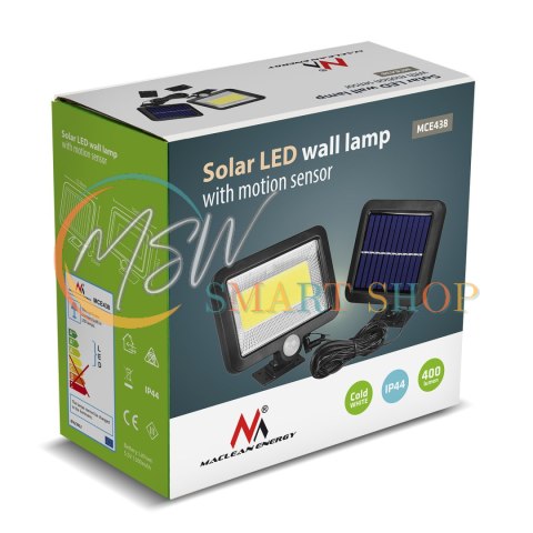 Solarny naświetlacz LED z czujnikiem ruchu Maclean, IP44, 5W, 400lm, 6000K, akumulator litowy 1300 mAh, 5,5V DC MCE438