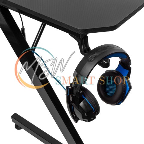 Biurko gamingowe czarne duże NanoRS, 150kg max, wysokość 750mm, 110x60x1,5cm, uchwyt na kubek i słuchawki, RS345