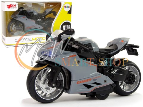 Motocykl Sportowy Szary Pomarańczowe Pasy 1:12 Napęd Pull-Back Dźwięk Światła Motocykl Sportowy Szary Pomarańczowe Pasy 1:12 Napęd Pull-Back Dźwięk Światła