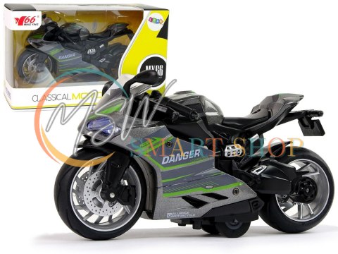 Motocykl Sportowy Szary Zielony Pasy 1:12 Napęd Pull-Back Dźwięk Światła Motocykl Sportowy Szary Zielony Pasy 1:12 Napęd Pull-Back Dźwięk Światła