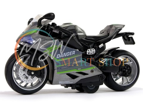 Motocykl Sportowy Szary Zielony Pasy 1:12 Napęd Pull-Back Dźwięk Światła Motocykl Sportowy Szary Zielony Pasy 1:12 Napęd Pull-Back Dźwięk Światła
