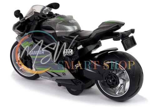 Motocykl Sportowy Szary Zielony Pasy 1:12 Napęd Pull-Back Dźwięk Światła Motocykl Sportowy Szary Zielony Pasy 1:12 Napęd Pull-Back Dźwięk Światła