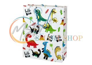 Papierowa Torba Prezentowa Biała W Kratkę Dinozaury 32 cm x 26 cm x 10 cm