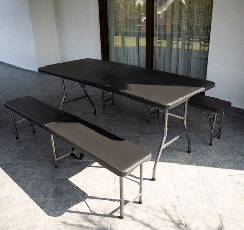 Stół ogrodowy składany 180cm + 2 ławki- czarny Stół ogrodowy składany 180cm + 2 ławki- czarny