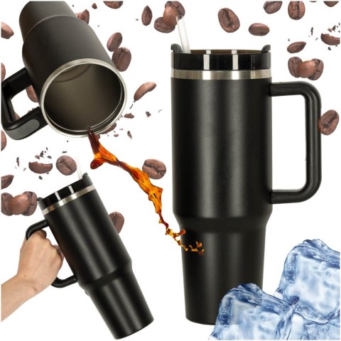 Kubek termiczny ze słomką i uchwytem termos 1200ml czarny Kubek termiczny ze słomką i uchwytem termos 1200ml czarny
